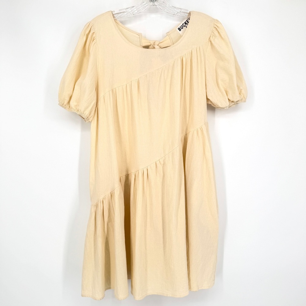 Bucketlist Butter Yellow Cotton Puff Sleeve‎ Tiered Mini Dress Tie Back Medium